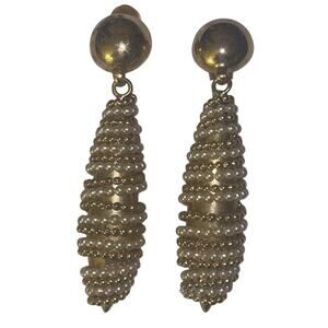 Vintage Gold Tone Faux Pearl Clip-On Dangle Earrings Statement Jewelry